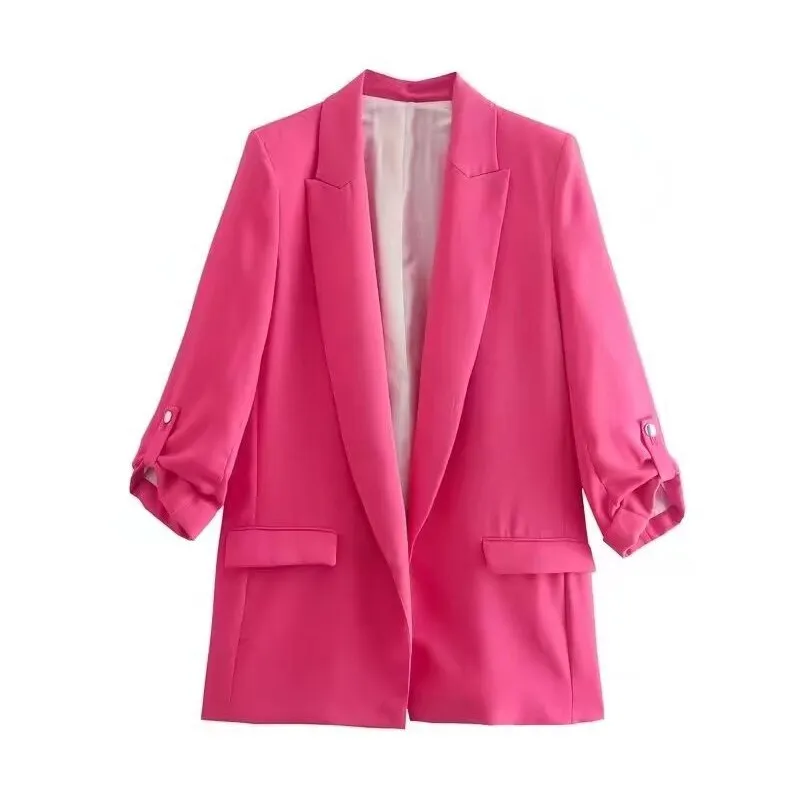 Wjczt 2022 Women Fashion Open Blazer Turn-Down Collar Rollable Sleeves Office Lady Jacket Coat Female Autumn Tops XX8797