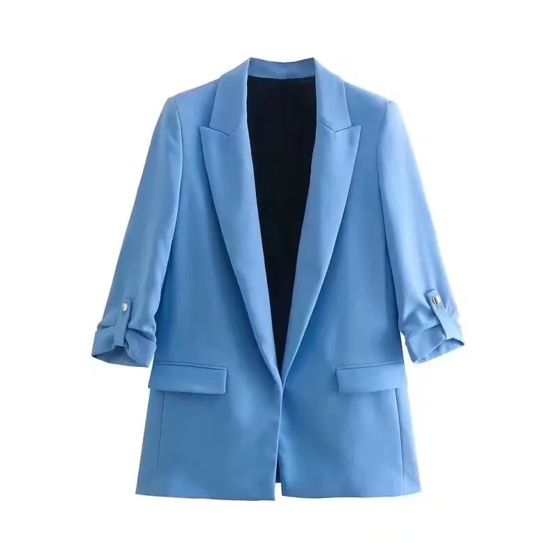 Wjczt 2022 Women Fashion Open Blazer Turn-Down Collar Rollable Sleeves Office Lady Jacket Coat Female Autumn Tops XX8797