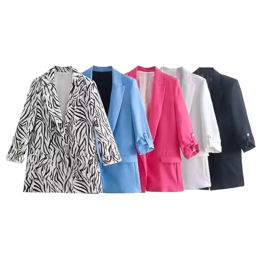 Wjczt 2022 Women Fashion Open Blazer Turn-Down Collar Rollable Sleeves Office Lady Jacket Coat Female Autumn Tops XX8797