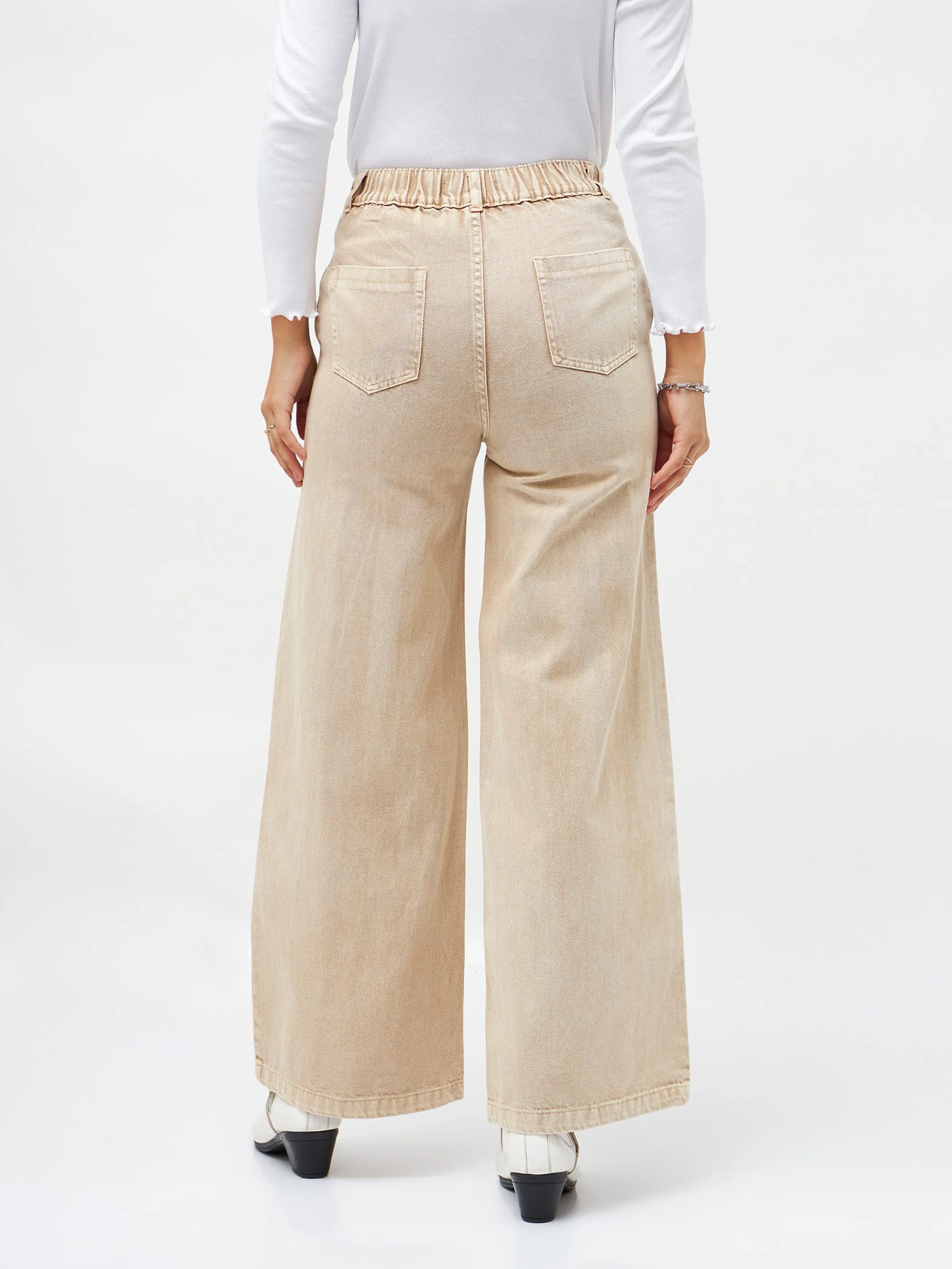 Women Beige Denim Flared Pants