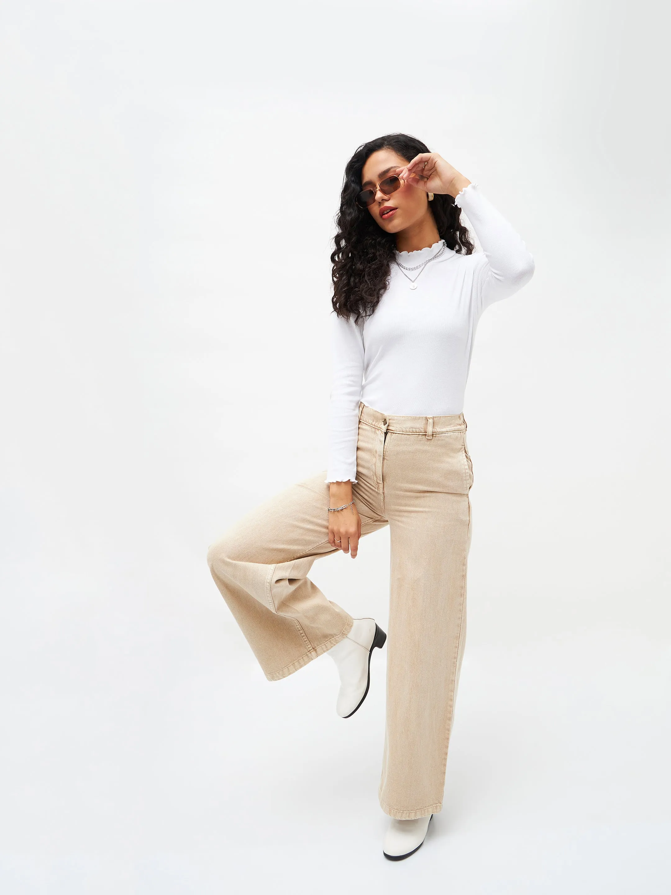 Women Beige Denim Flared Pants