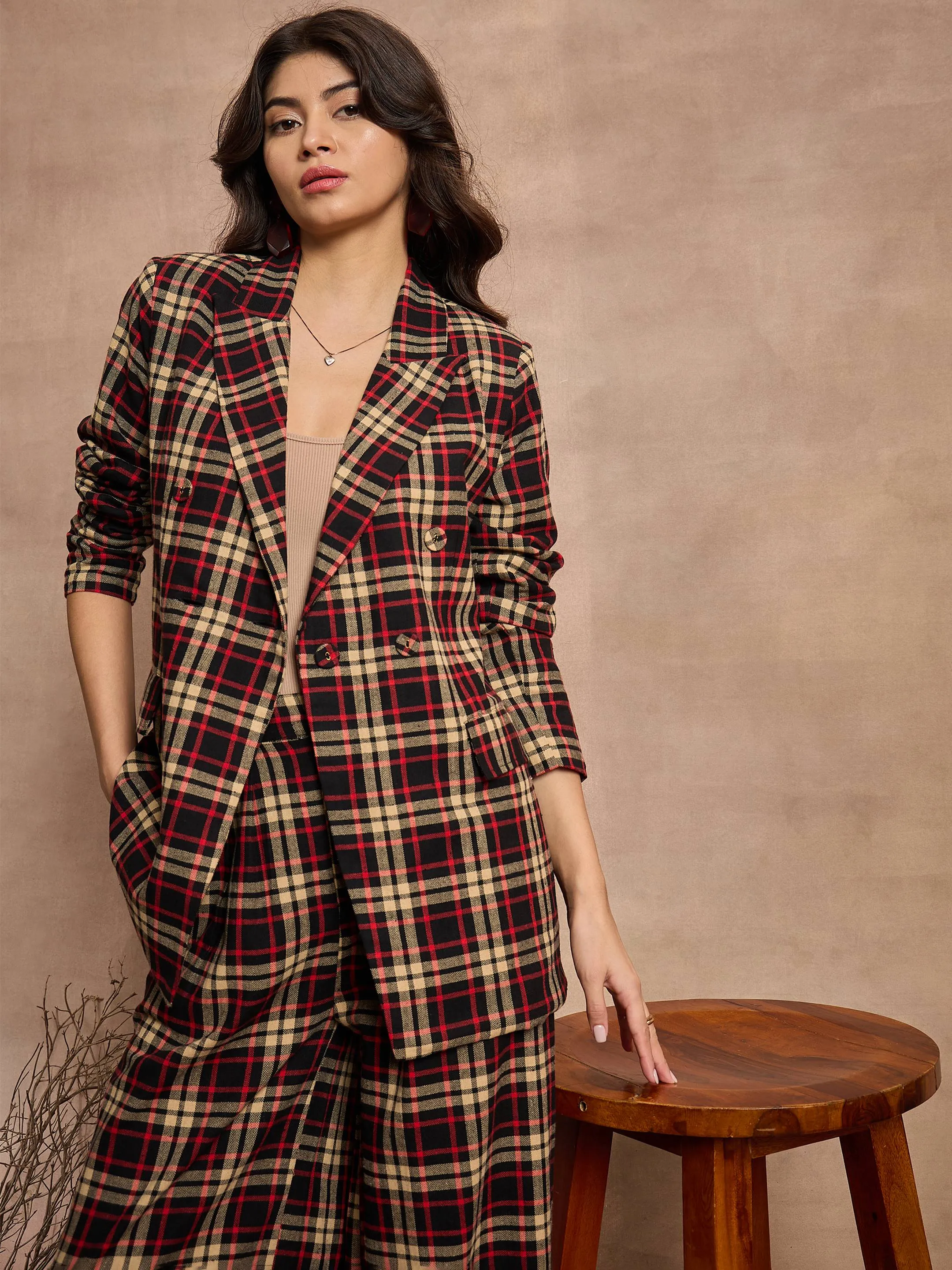 Women Black & Beige Check Double Breasted Blazer