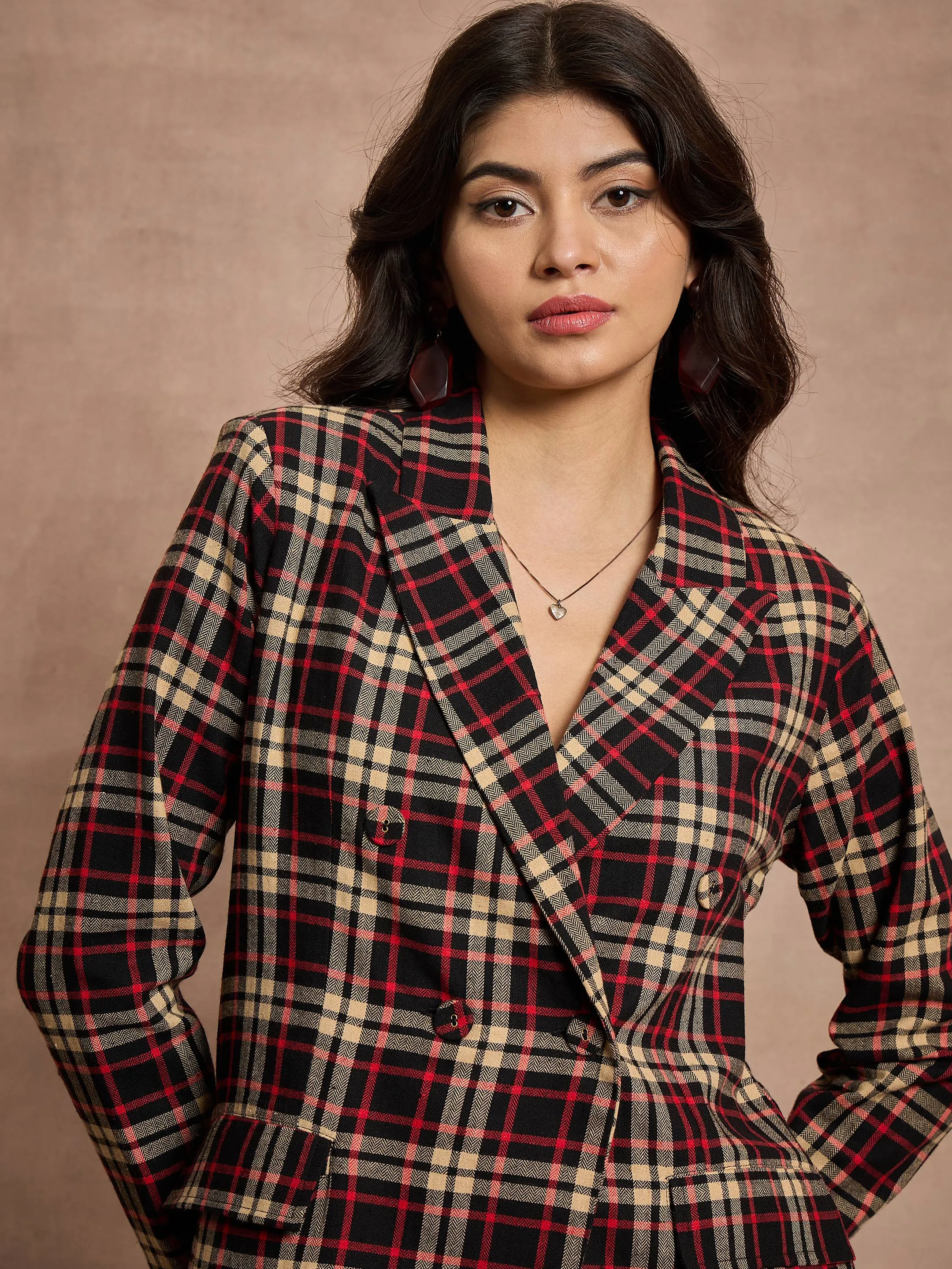 Women Black & Beige Check Double Breasted Blazer