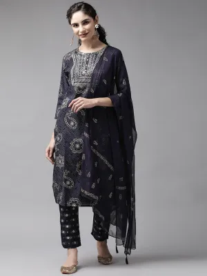 Women Blue Rayon Kurta Set With Dupatta