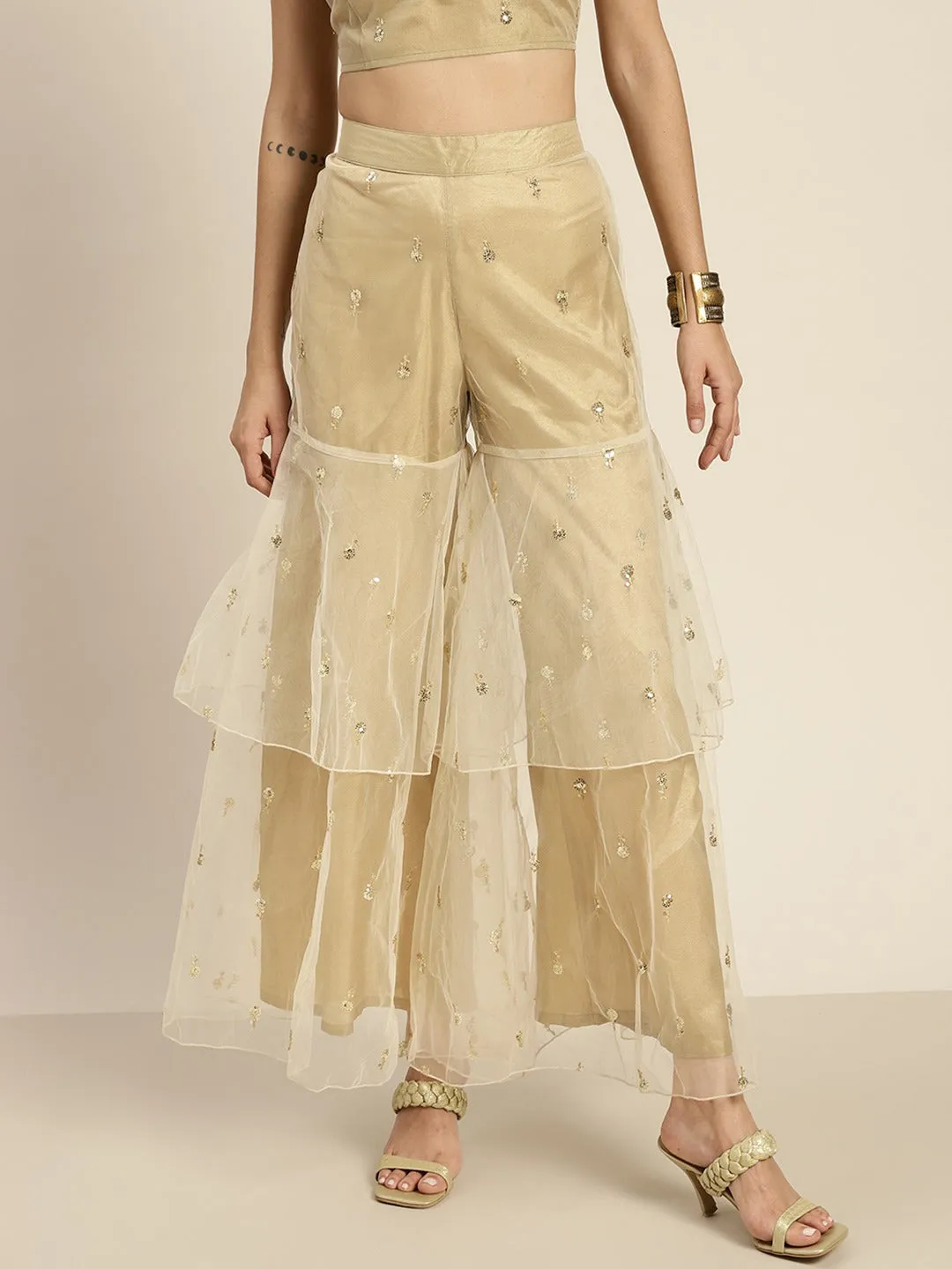 Women Golden Tulle Frilly Sharara Pants