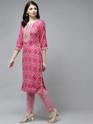 Women Pink Cotton  Kurta Set With Dupatta