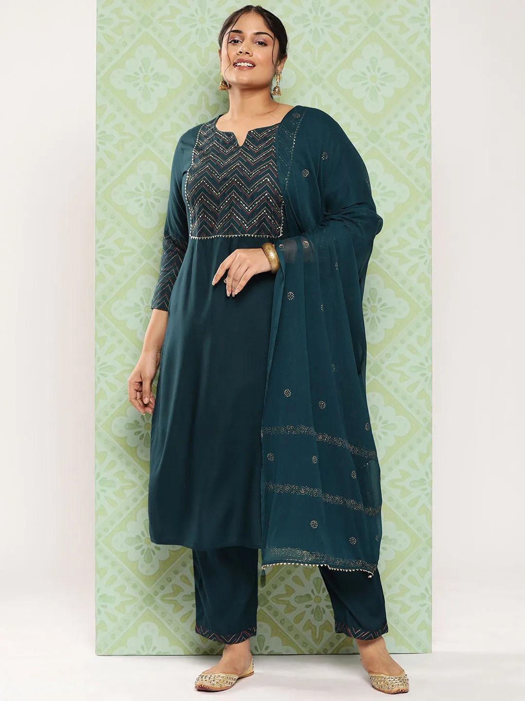 Women Plus Size Teal Green  Viscose Rayon Kurta Set With Dupatta