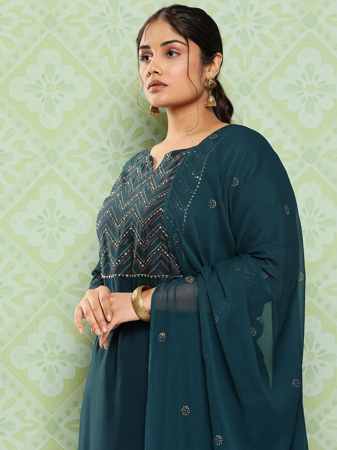 Women Plus Size Teal Green  Viscose Rayon Kurta Set With Dupatta