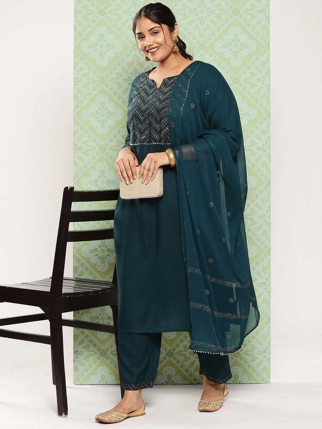 Women Plus Size Teal Green  Viscose Rayon Kurta Set With Dupatta