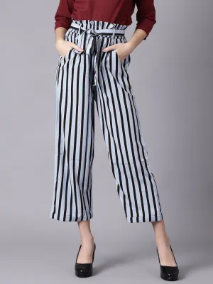 Women Sky Blue Striped Casual Texture Georgette Trouser