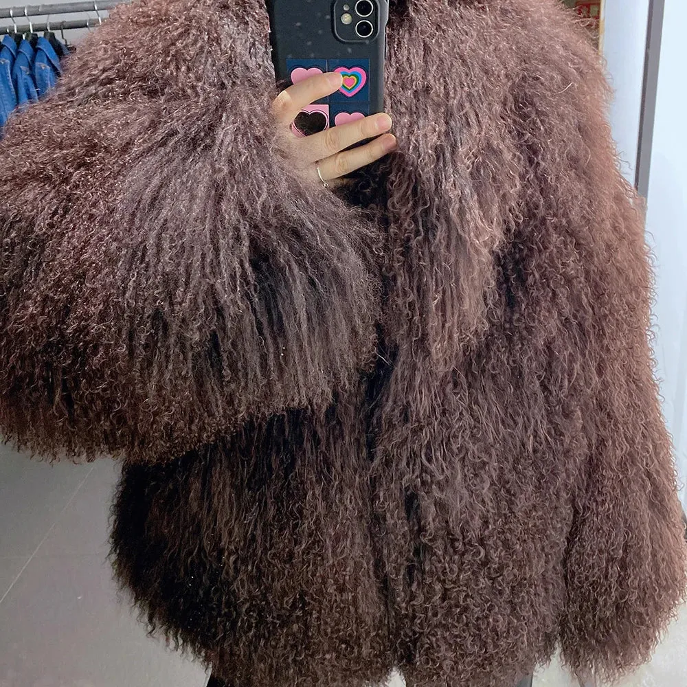 Women's 100% Real Mongolian Curly Sheep Fur Coat