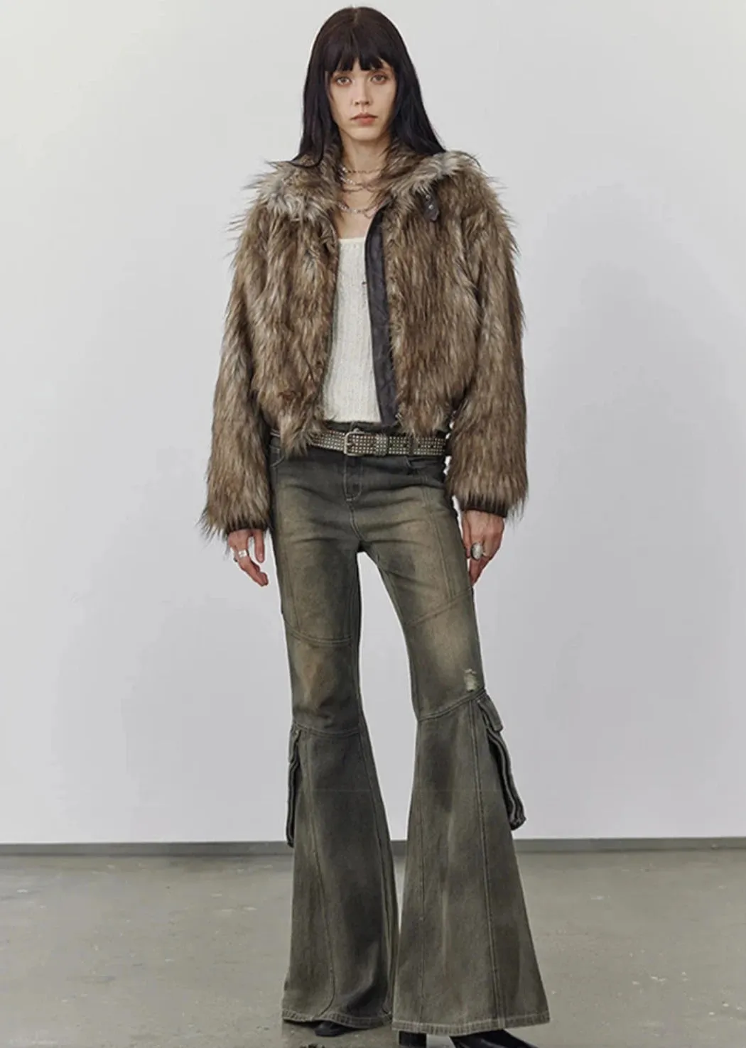 Women's Brown Shaggy Faux Fur Cropped Jacket