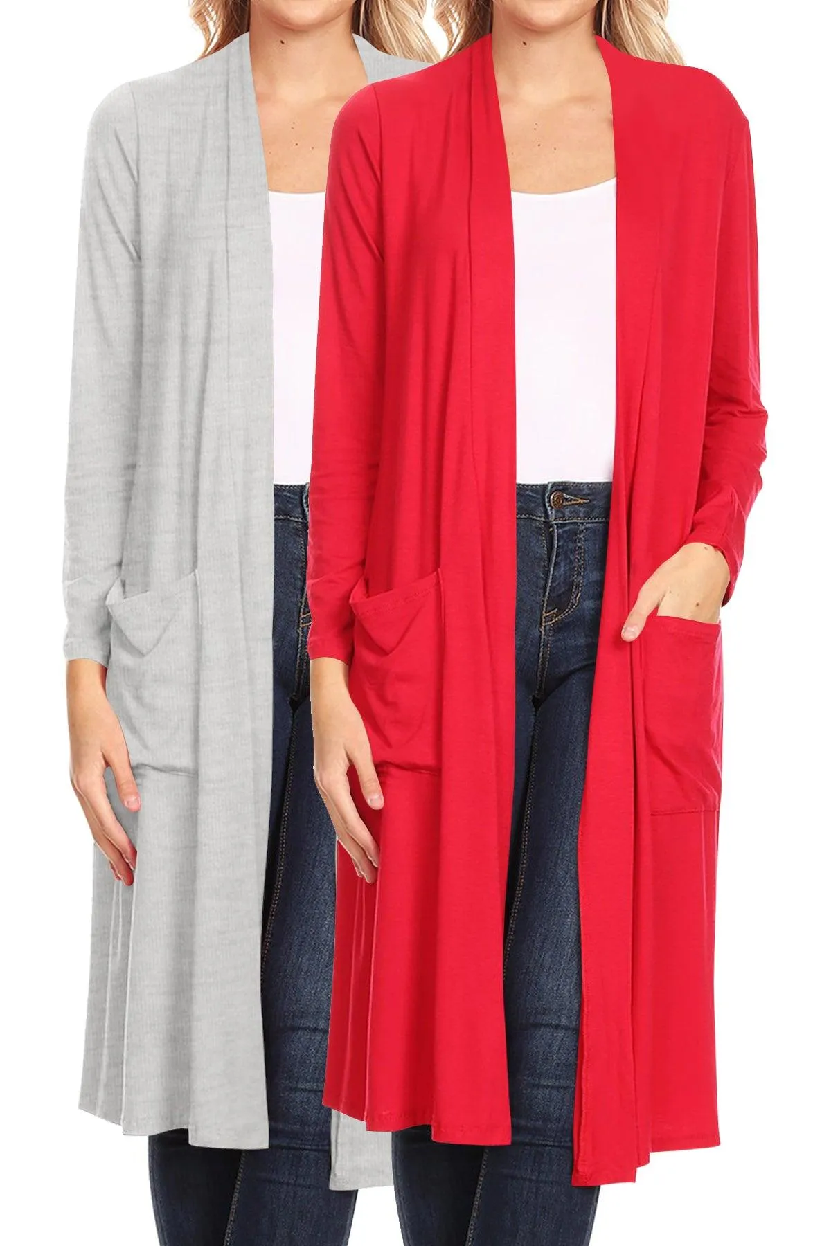 Women's Loose Fit Open Front Side Pockets Solid Lightweight Long Cardigan (Pack of 2)