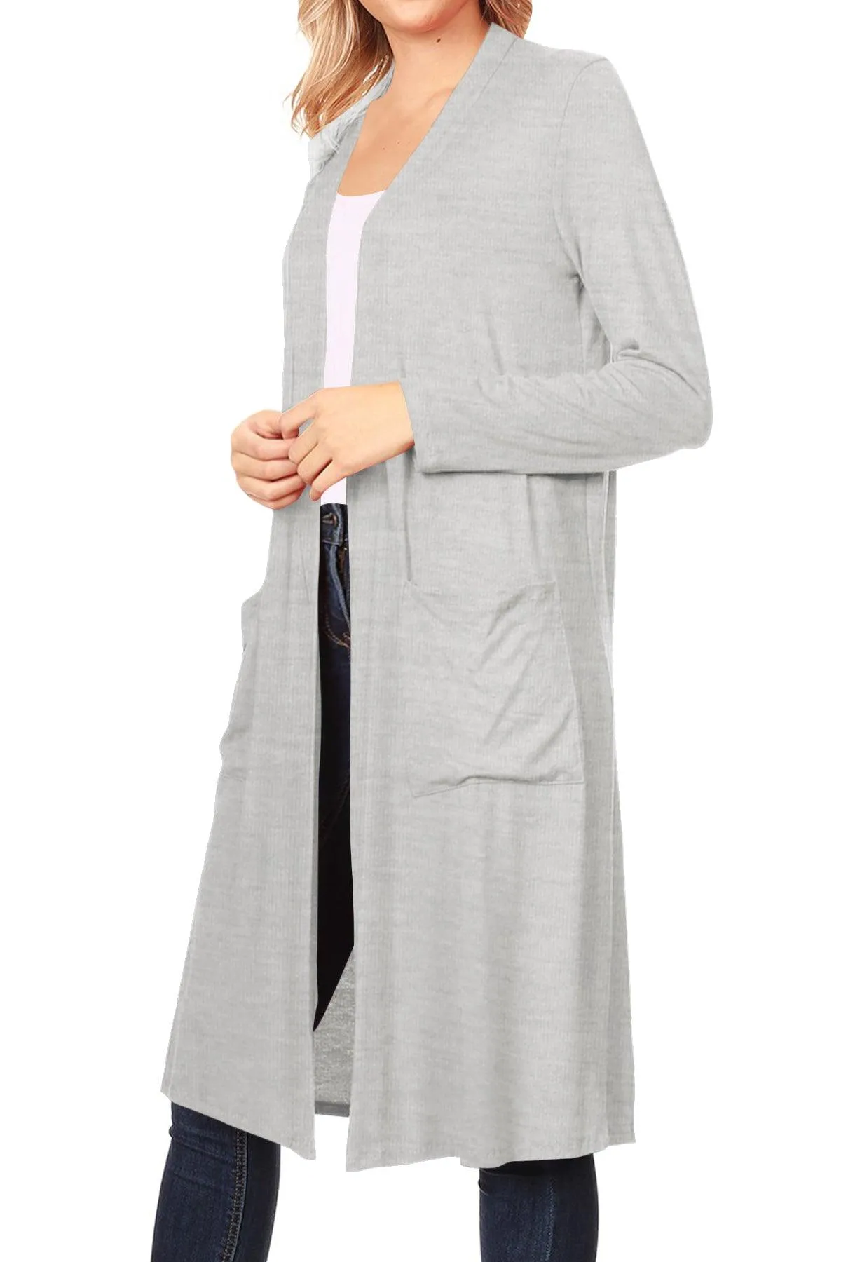 Women's Loose Fit Open Front Side Pockets Solid Lightweight Long Cardigan (Pack of 2)