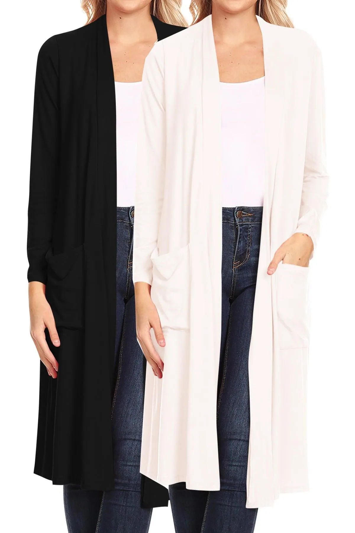 Women's Loose Fit Open Front Side Pockets Solid Lightweight Long Cardigan (Pack of 2)