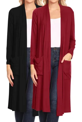 Women's Loose Fit Open Front Side Pockets Solid Lightweight Long Cardigan (Pack of 2)