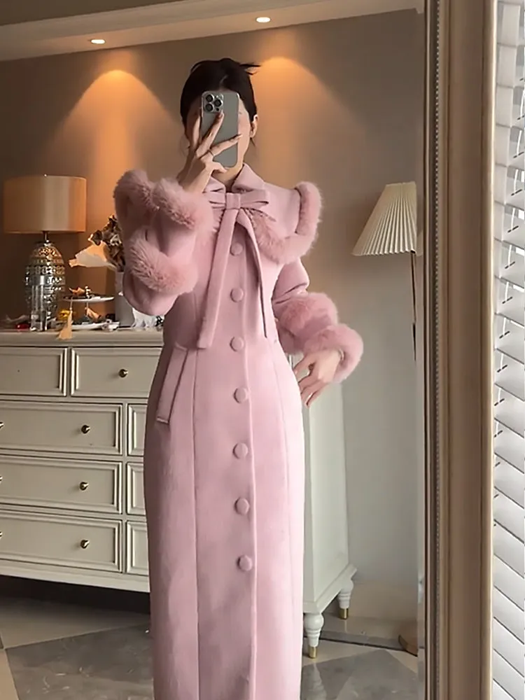 Women's Luxe Pink Wool-Blend Long Coat