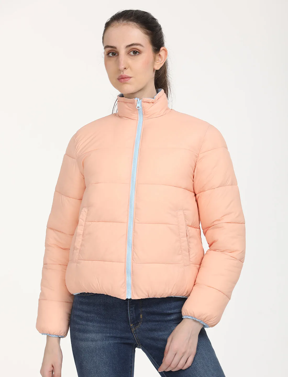 Women's Quilted Light-Pink High Neck Puffer Jacket