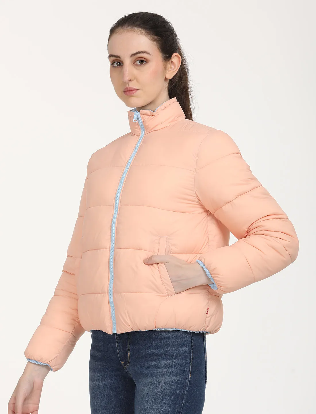 Women's Quilted Light-Pink High Neck Puffer Jacket