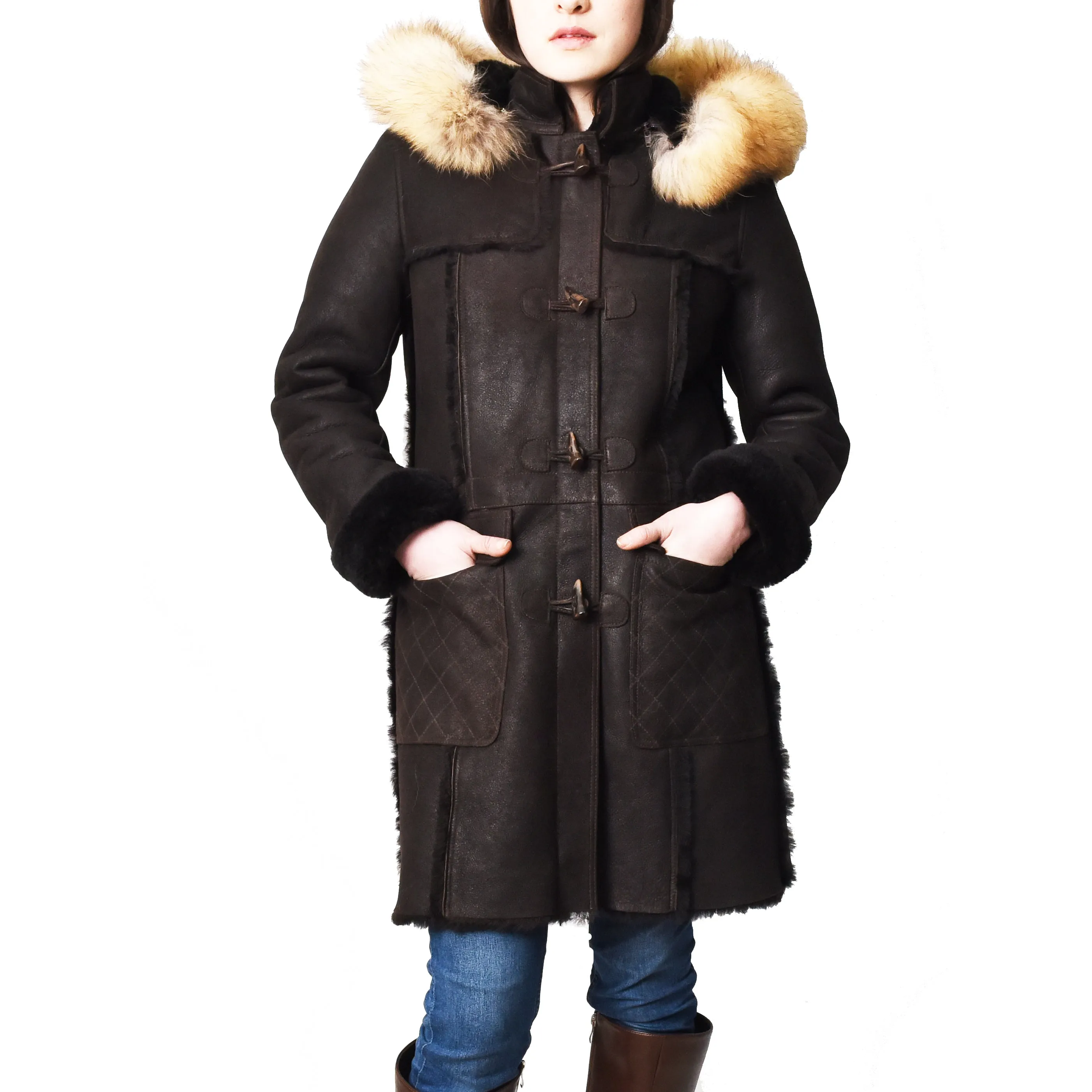 Women's Real Shearling Sheepskin Italian Classic Coat Brown Birna