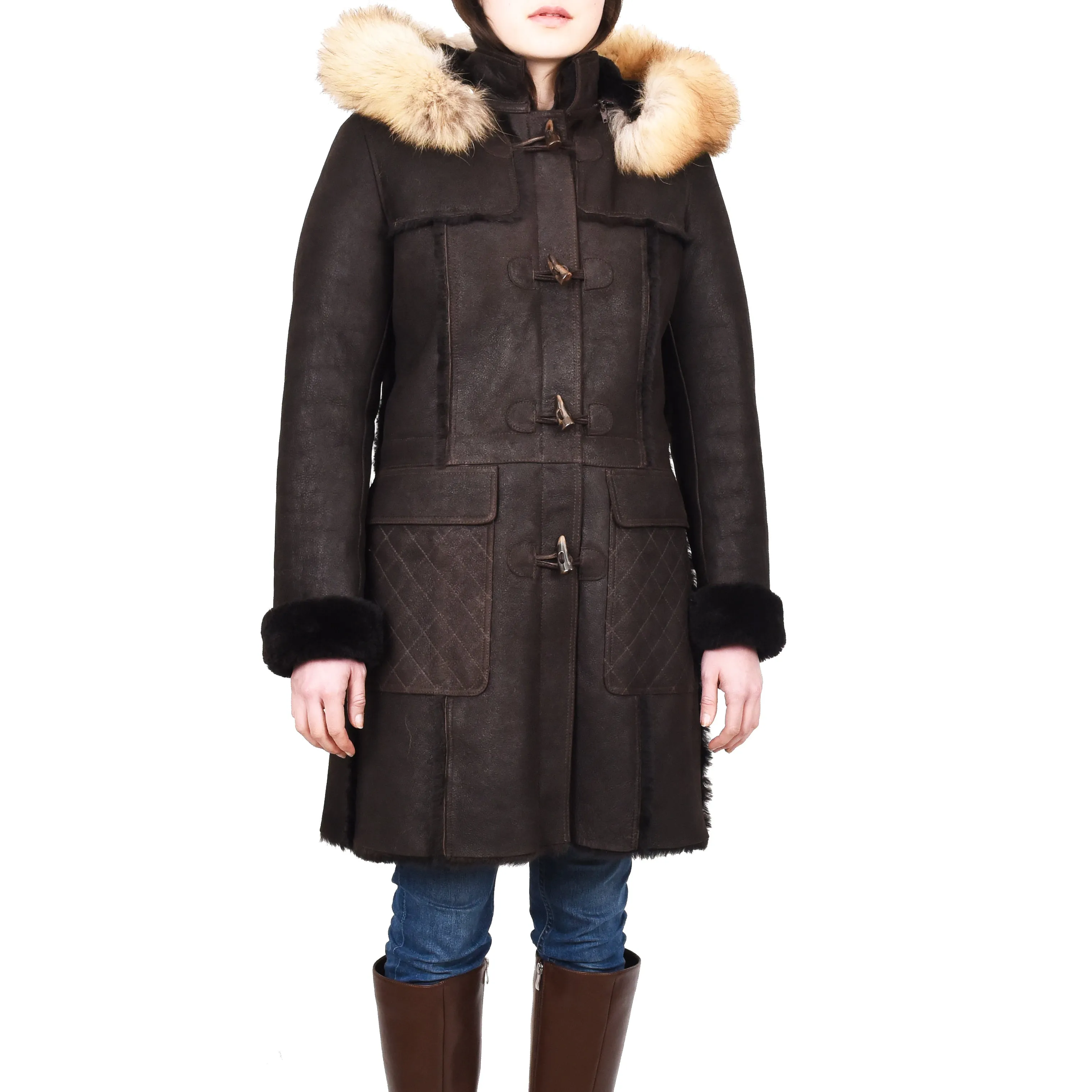 Women's Real Shearling Sheepskin Italian Classic Coat Brown Birna