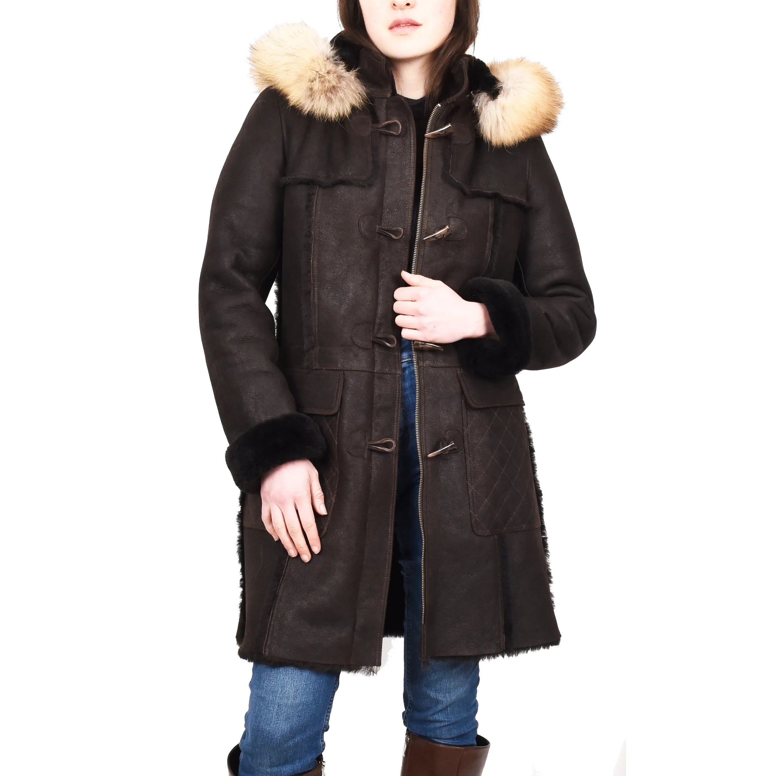 Women's Real Shearling Sheepskin Italian Classic Coat Brown Birna