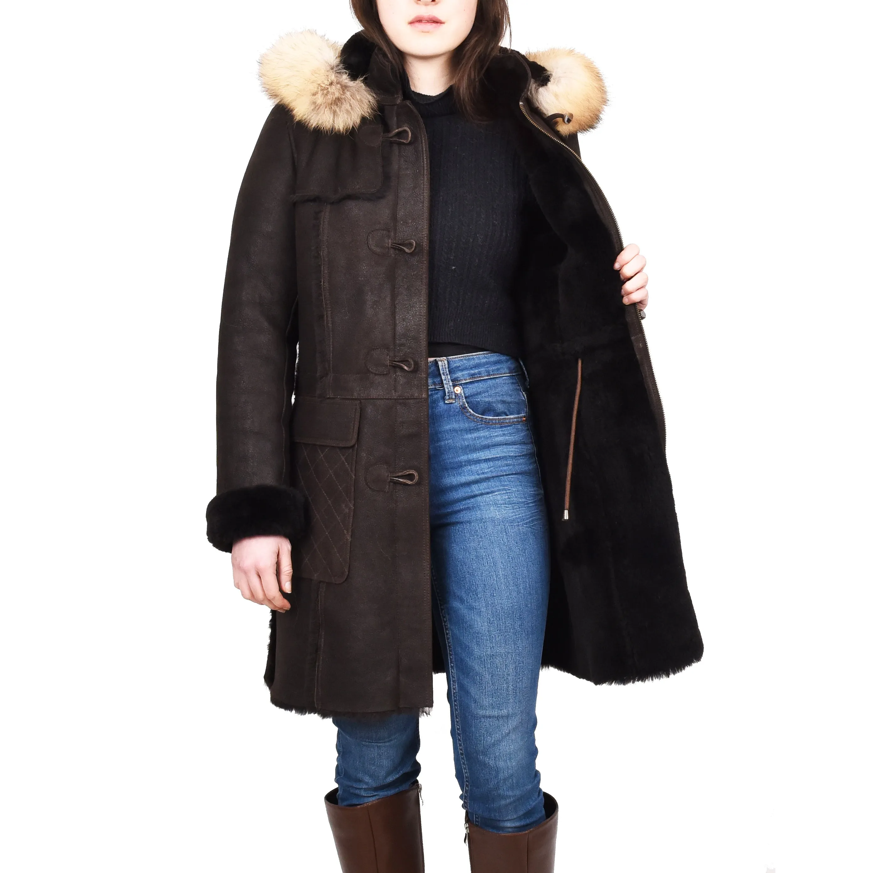 Women's Real Shearling Sheepskin Italian Classic Coat Brown Birna