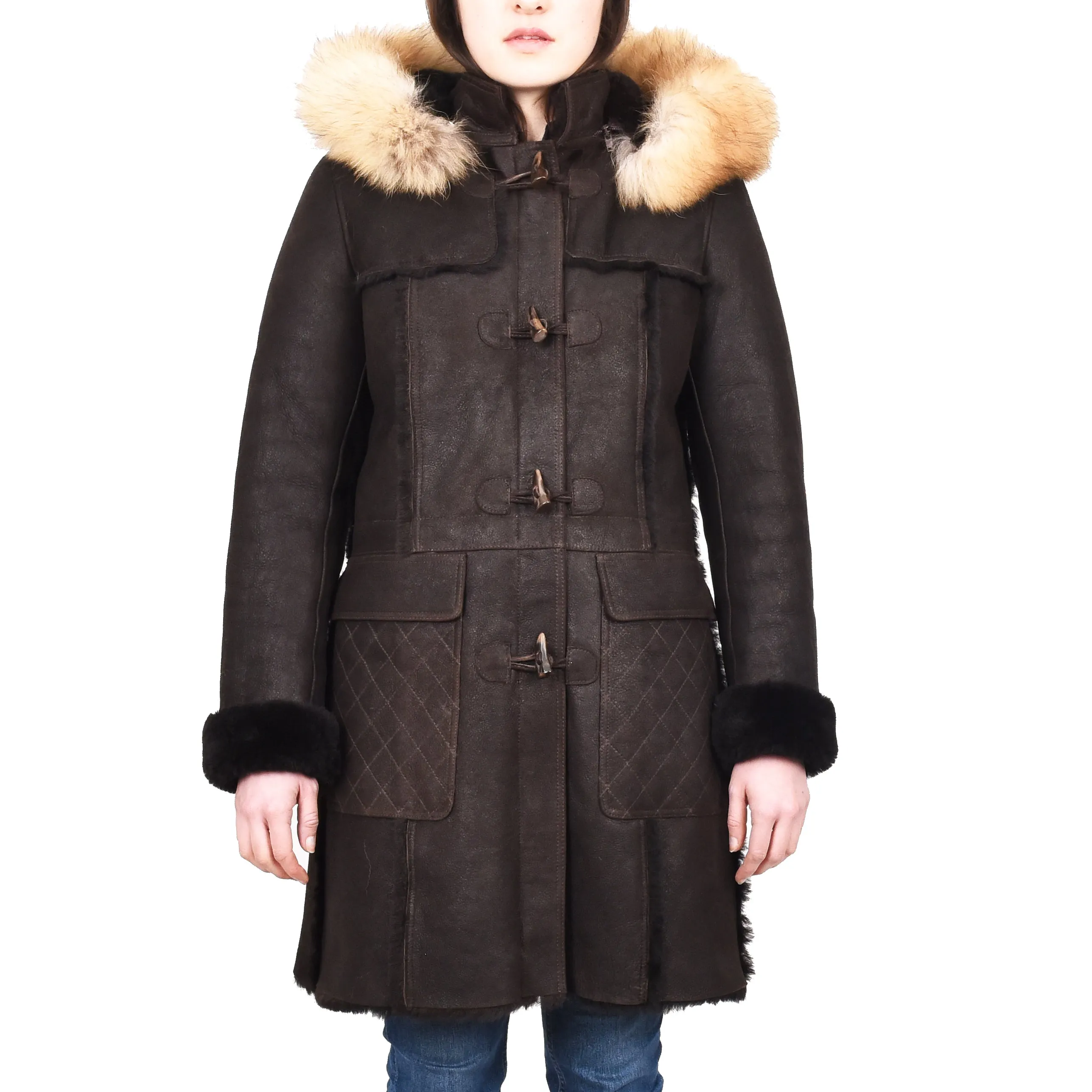 Women's Real Shearling Sheepskin Italian Classic Coat Brown Birna