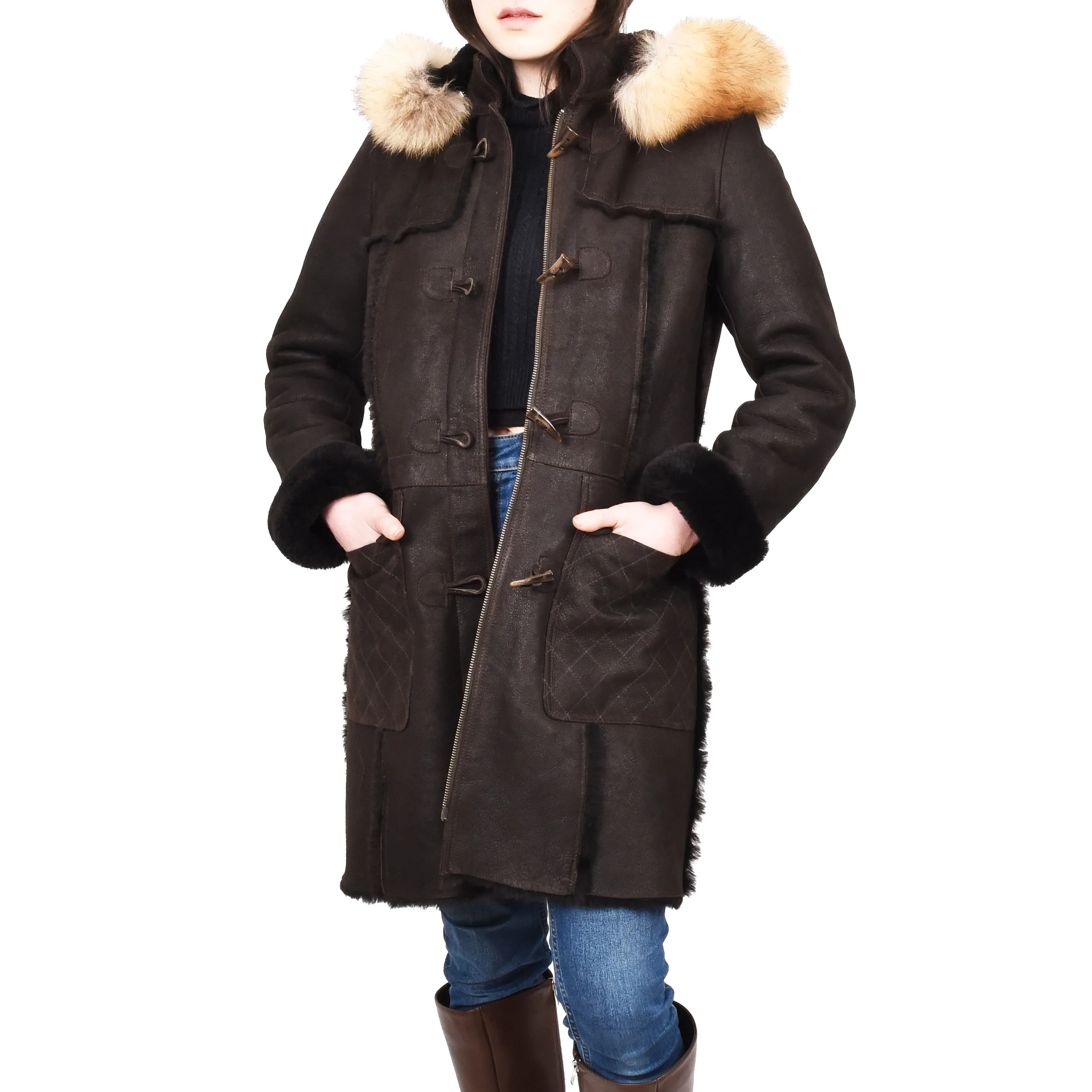 Women's Real Shearling Sheepskin Italian Classic Coat Brown Birna