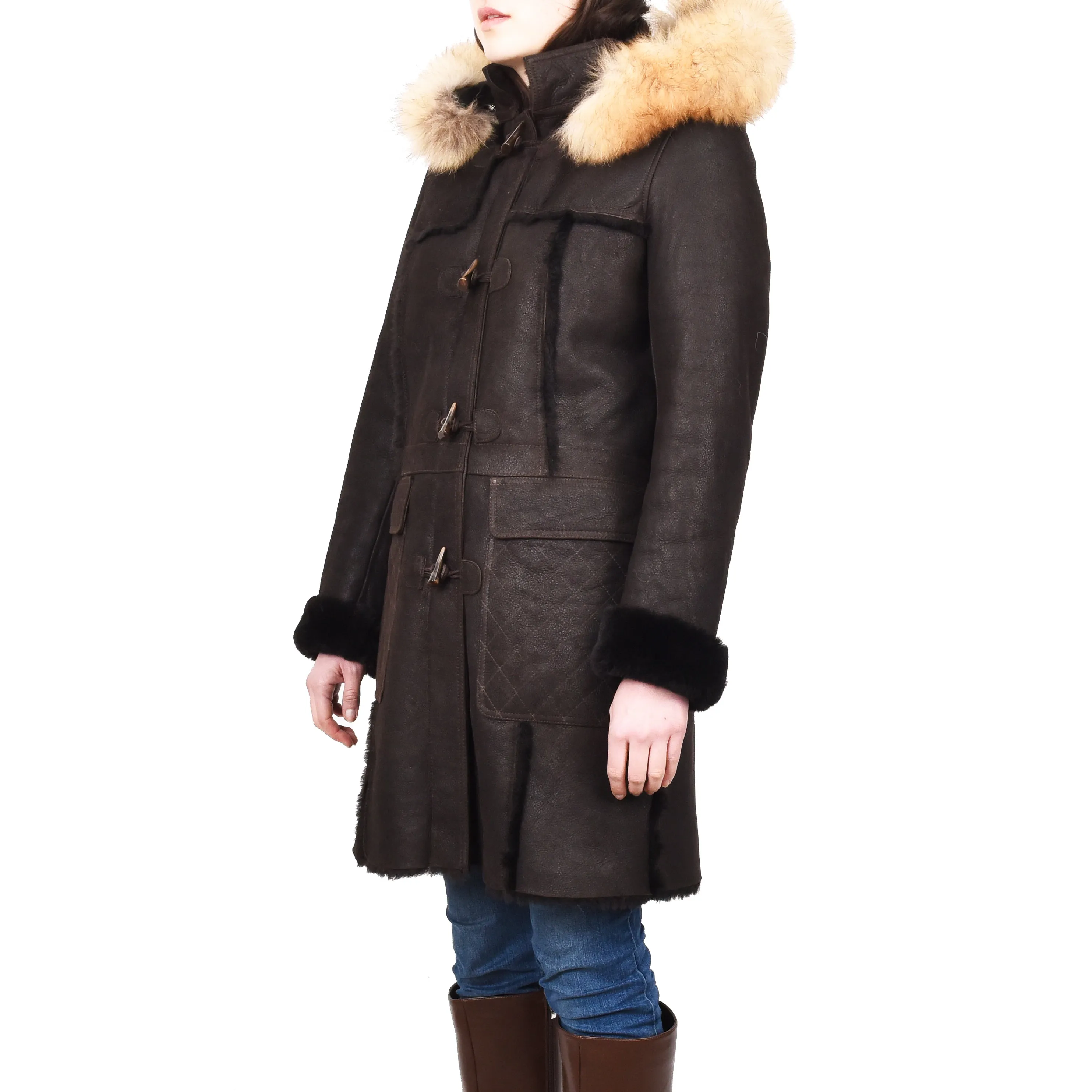 Women's Real Shearling Sheepskin Italian Classic Coat Brown Birna