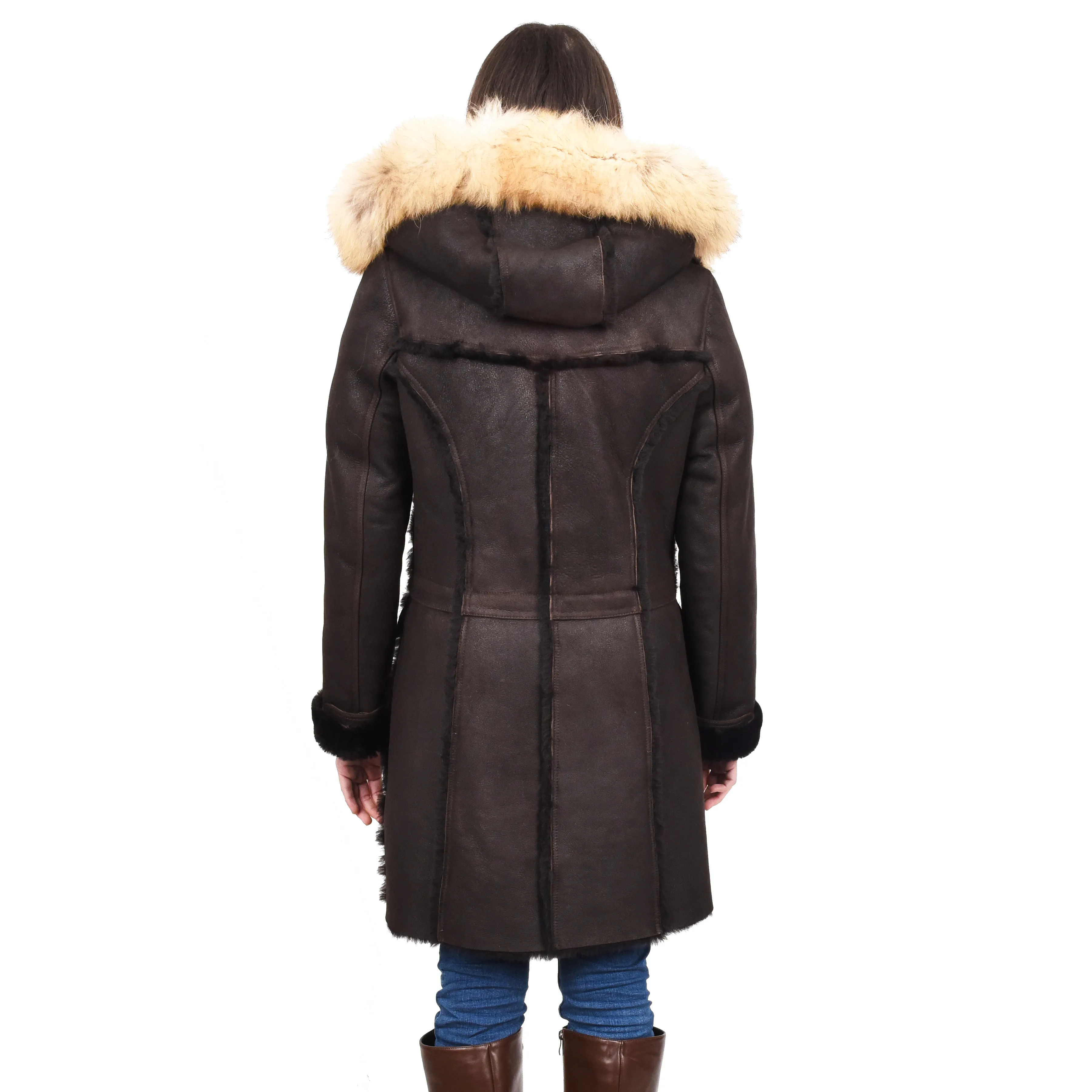 Women's Real Shearling Sheepskin Italian Classic Coat Brown Birna