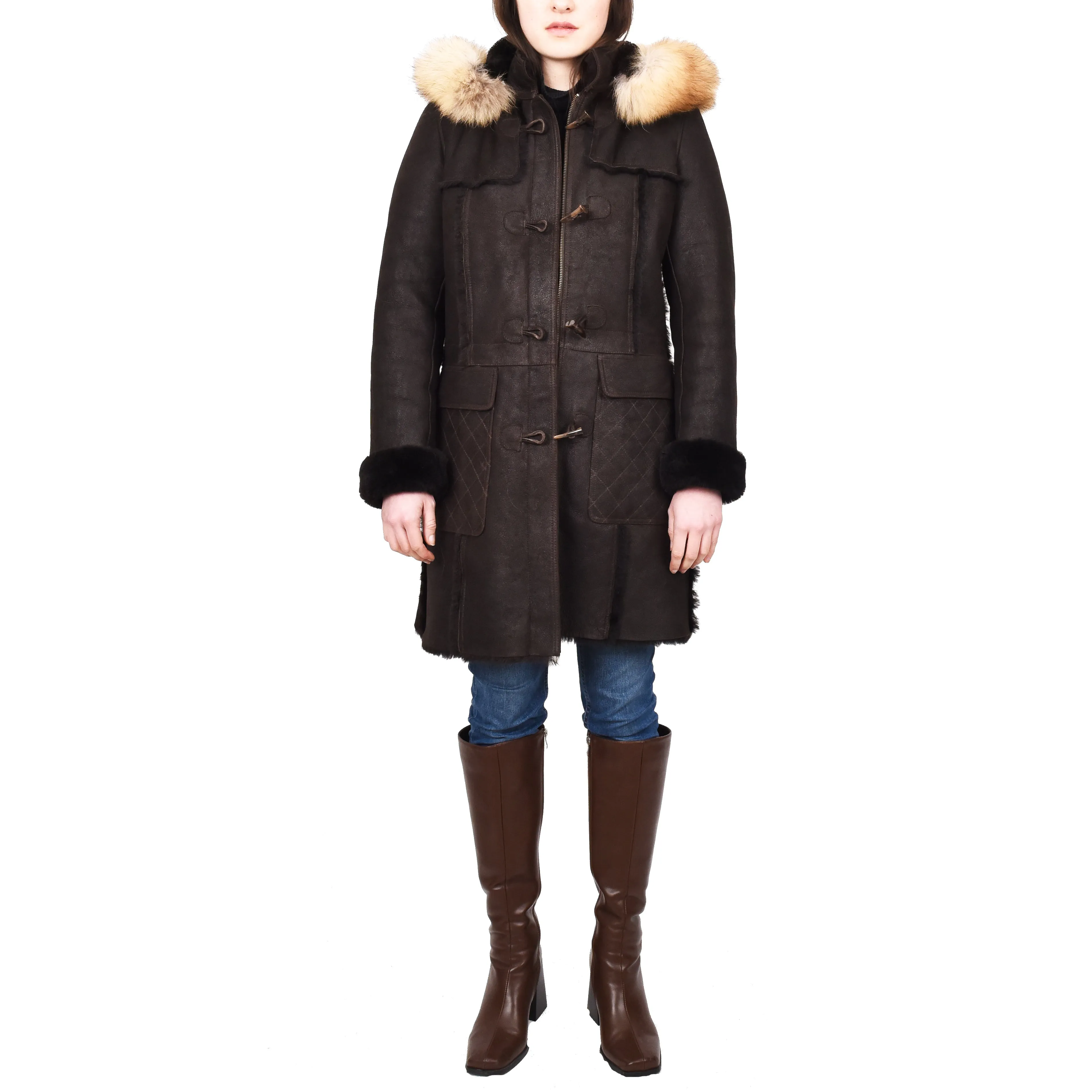 Women's Real Shearling Sheepskin Italian Classic Coat Brown Birna