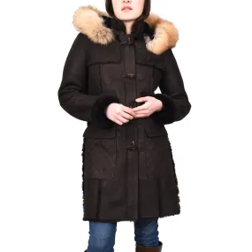 Women's Real Shearling Sheepskin Italian Classic Coat Brown Birna