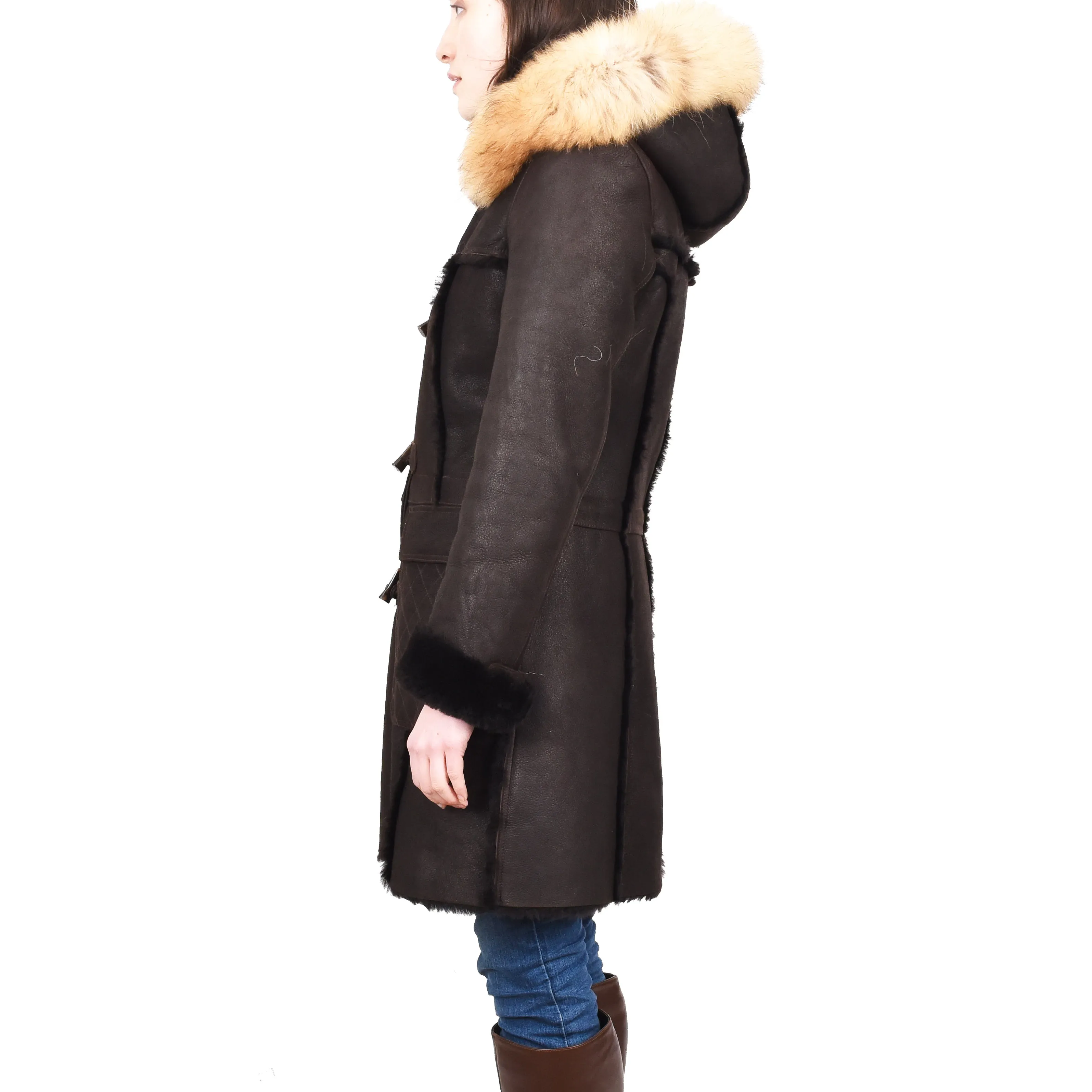 Women's Real Shearling Sheepskin Italian Classic Coat Brown Birna