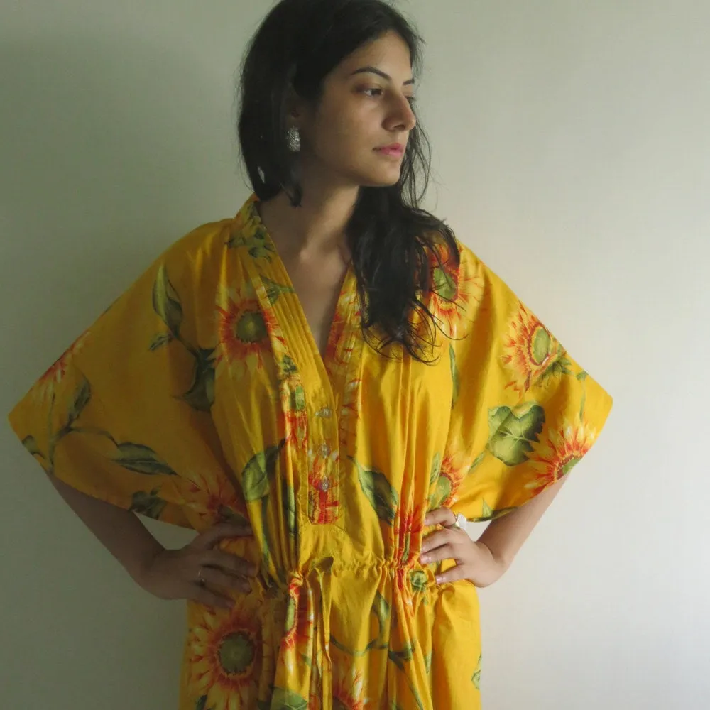 Yellow Sunflower V-Neck Button Down to Waist, Ankle Length, Cinched Waist Caftan