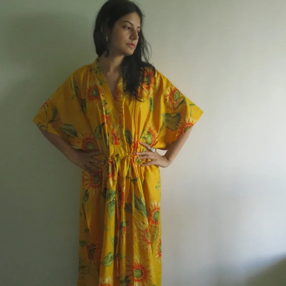 Yellow Sunflower V-Neck Button Down to Waist, Ankle Length, Cinched Waist Caftan