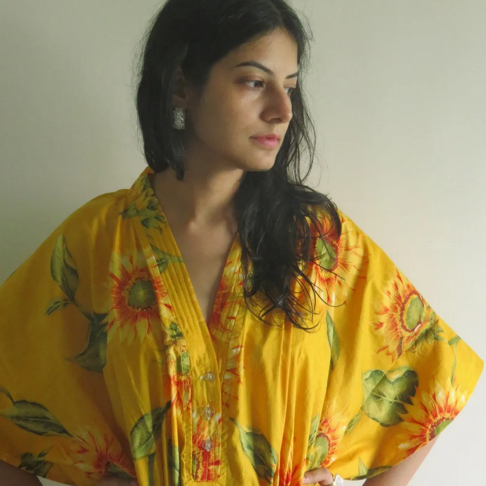 Yellow Sunflower V-Neck Button Down to Waist, Ankle Length, Cinched Waist Caftan