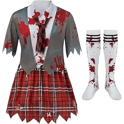 Zombie Schoolgirl Costume, Girl Bloody Zombie Costume for Kids