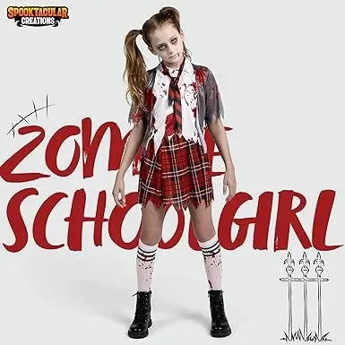 Zombie Schoolgirl Costume, Girl Bloody Zombie Costume for Kids